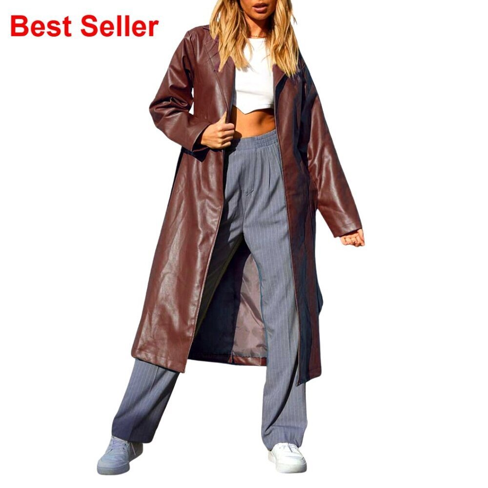 PU Leather Trench Coat with Belt, Lapel Open Front Long Jacket